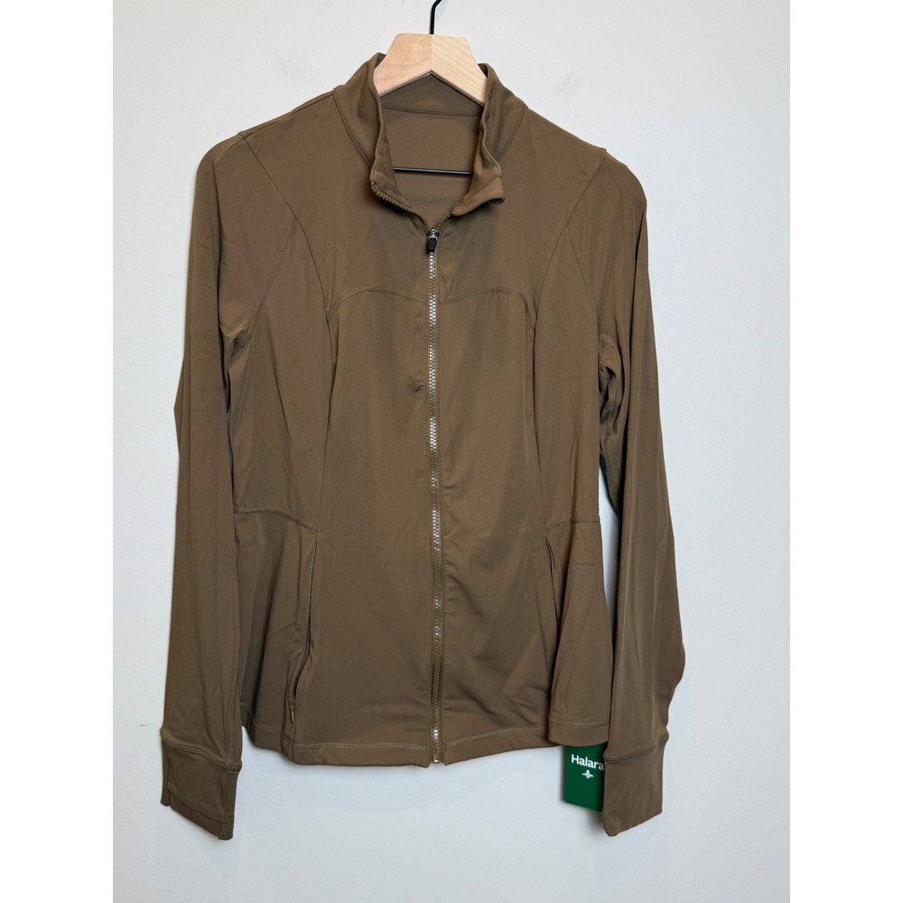 NWT Halara Softlyzero XL Full Zip Jacket Ruffle Hem Thumbhole Brown Tan Slimming - Picture 2 of 11
